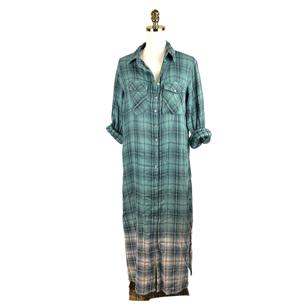 Natural Life Brooke Maxi Shirt Dress Teal Ombre Plaid Cotton Gauze Boho Sm Long